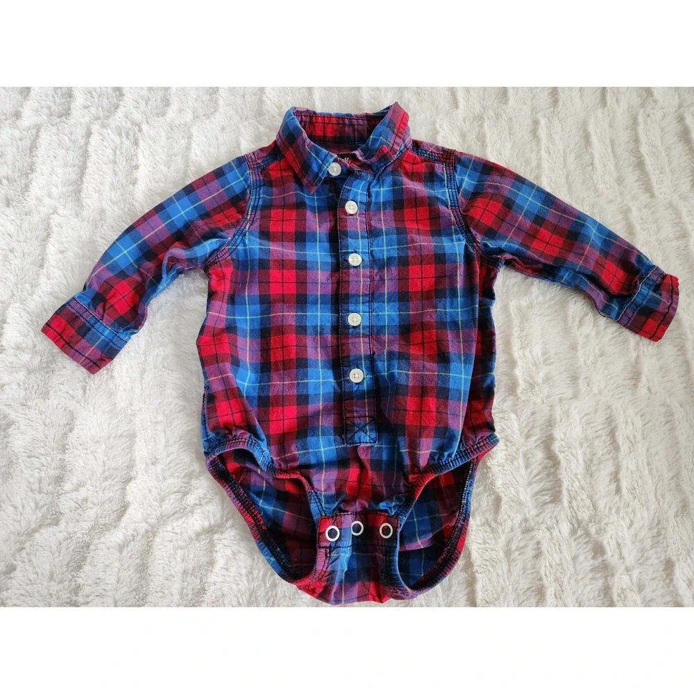 Osh Kosh B'Gosh Infant Boy's Size 12M Long Sleeve Blue Plaid Bodysuit‎ Shirt